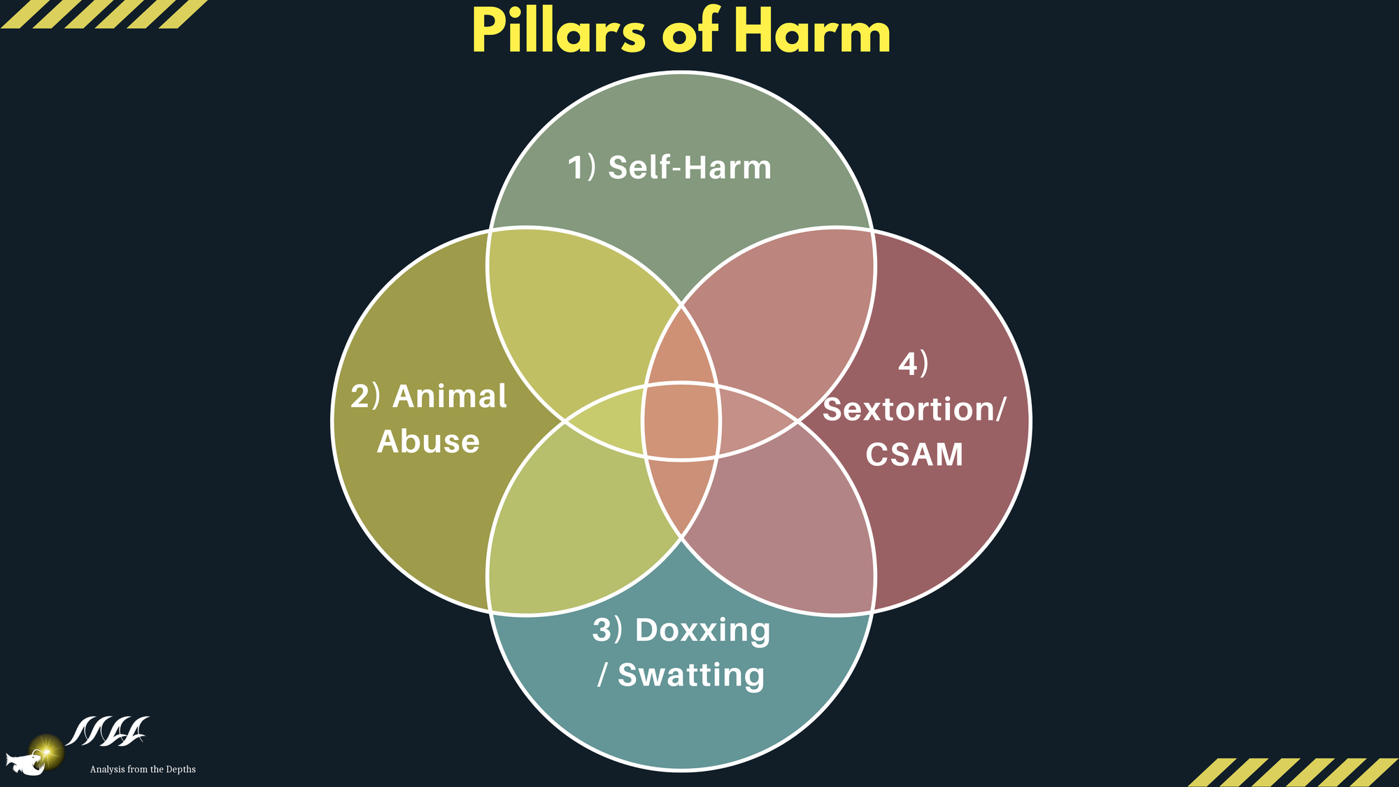 A Venn diagram of the pillars of harm present in these types of networks