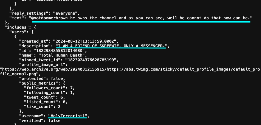 Part 2 of the JSON archive of a tweet conversation between users "notdoomerbrown" and "HolyTerrorist1"