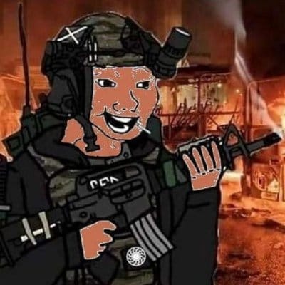 Doomer Soldier, a variation on the wojak character, smiling as the world around him burns.