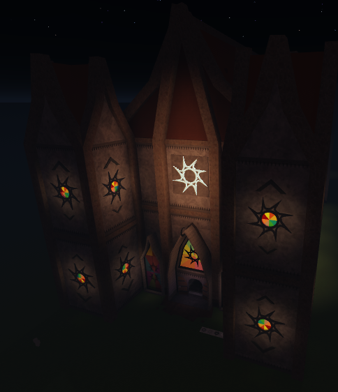 The outside of a chapel in a Spawnism experience on Roblox.