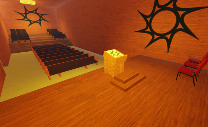 The chapel-like space inside a Spawnism experience on Roblox which has had over 12,000 visits since the end of June 2025.
