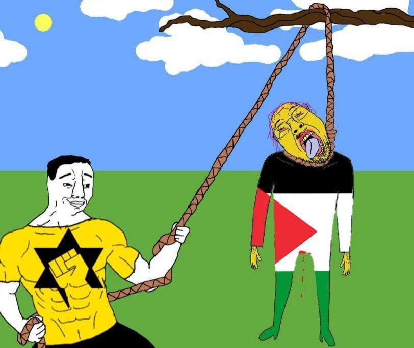 Wojak meme. A muscly man in a Jewish Defense League shirt smirks as he hangs another Wojak to death. The killed Wojak is in a Palestine flag shirt and is bleeding from their groin.